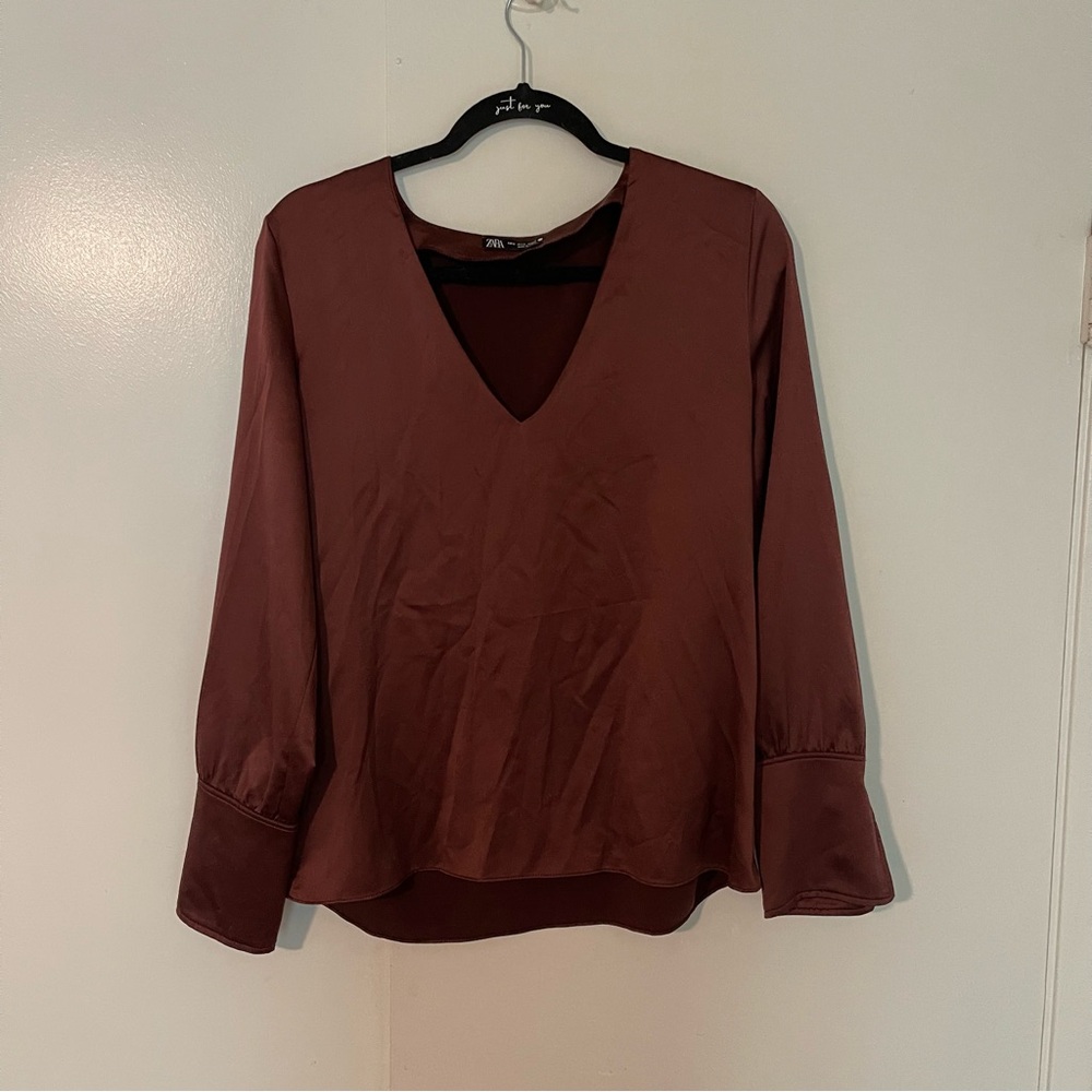 Zara - Burgundy satin v-neck blouse